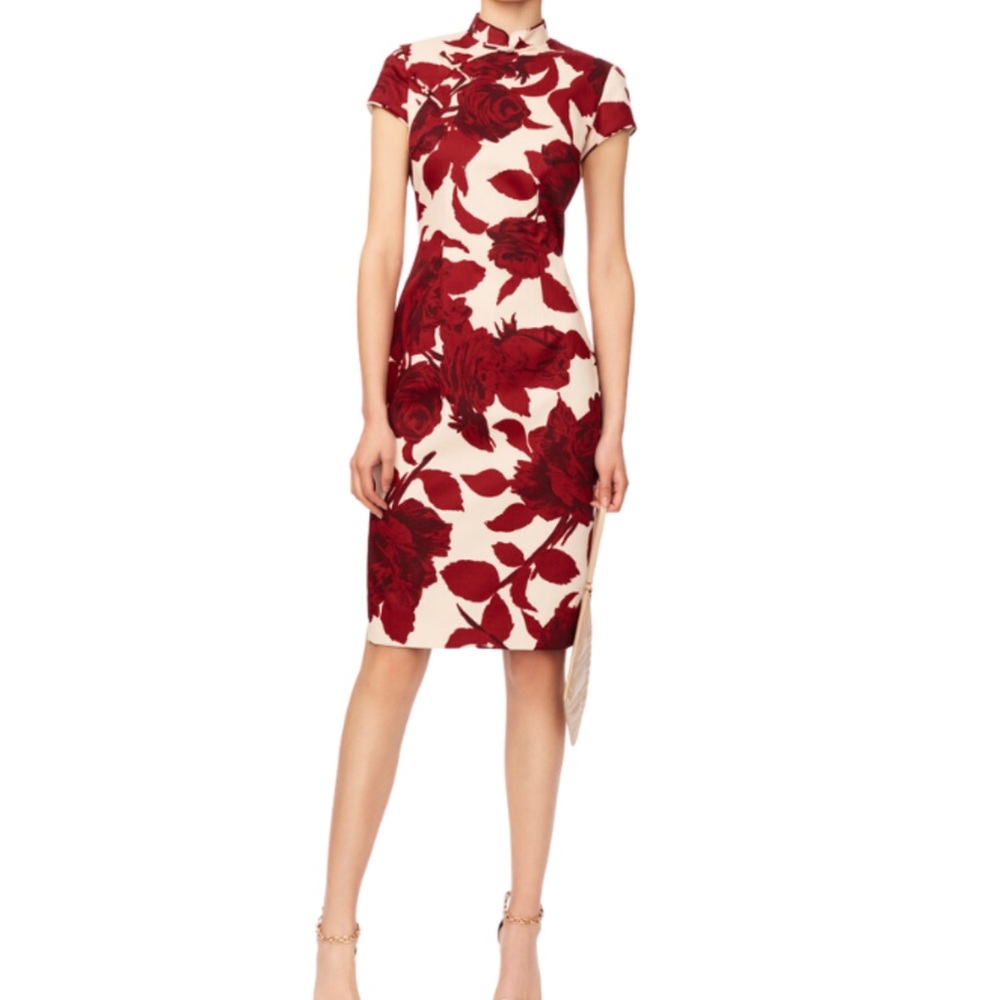 Shanghai Tang Red and Cream Floral Midi Dress